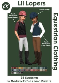 an image of two children wearing equestrian clothes and riding boots, with the caption's description below