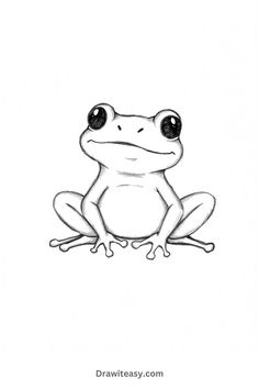 A simple black and white drawing of a frog sitting with wide, round eyes and a calm expression, showcasing a minimalist style with clean lines. Cute Drawing Of Animal, Drawing Frog Cute, Cute Easy Frog Drawing, Cartoon Frog Tattoo Ideas, Tropical Animals Drawing, Easy Illustration Art Simple, Bearded Dragon Drawing Easy, Frog Drawing Black And White, Rainforest Drawing Simple