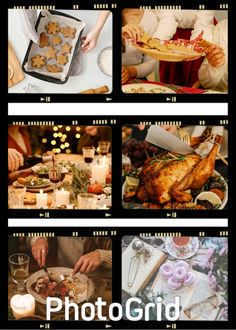 several pictures of people preparing food at a dinner table with candles and flowers on the table