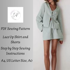 a woman wearing a hat and shorts with the words pdf sewing pattern lace up shirt and shorts step by step sewing instructions