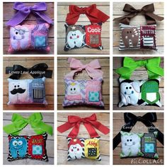 many different types of decorative items with bows on the front and back of each bag