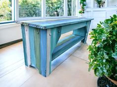 a blue bench sitting next to a potted plant on top of a hard wood floor