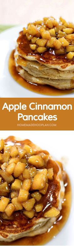 apple cinnamon pancakes with caramel syrup on top