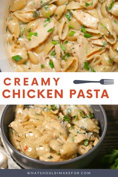 creamy chicken pasta in a bowl with a fork and parsley on the side text overlay says creamy chicken pasta