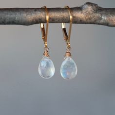 Gorgeous Moonstone teardrop gems full of sparkly facets hang from secure, hinged-back 14k goldfill ear wires (the back of the ear wire clicks into place, making the earrings impossible to lose when you're wearing them). Total length of the earrings is just over 1 inch from the curve of the ear wire to the bottom of the drop. The moonstone gems are slim teardrops measuring approximately 3/8 inch long, and the color is pure white with stunning flashes of blue shimmer. Each moonstone stone is uniqu Everyday Teardrop Gemstone Jewelry, Teardrop Earrings With Lever Back Ear Wires, Adjustable Teardrop Moonstone Earrings, Faceted Moonstone Teardrop Earrings, Teardrop Moonstone Faceted Earrings, 14k Gold-filled Gemstone Drop Earrings, 14k Gold Filled Gemstone Drop Earrings, Adjustable Teardrop Earrings For Anniversary, Everyday Teardrop Gemstone Earrings