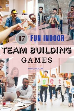 a group of people standing around a table in front of a wall with the words fun indoor team building games