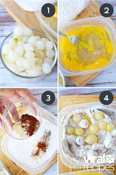 four pictures showing how to make gnops with potatoes and other ingredients in bowls