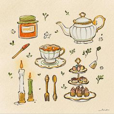 an illustration of tea and desserts on a plate with candles, spoons, candle holders