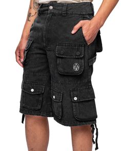 Untitled Artworks Cargo Shorts 'Black' Relaxed-fit cotton cargo shorts with stone wash effect. Mid-rise, button and zip closure, belt loops at waistband, drawstring cuffs. Logo embroidery on front side leg. Ten-pocket styling: 8 flap pockets and 2 side pockets. Model is 6'4" wearing size L. Cotton Cargo Jeans With Multiple Pockets, Short Cotton Cargo Jeans With Multiple Pockets, Streetwear Short Cargo Jeans With Multiple Pockets, Short Cargo Jeans With Multiple Pockets For Streetwear, Short Length Cotton Cargo Jeans With Multiple Pockets, Streetwear Short Length Cargo Jeans, Short Cotton Cargo Jeans With Side Pockets, Short Length Cargo Jeans For Streetwear, Utility Cotton Cargo Jeans, Short