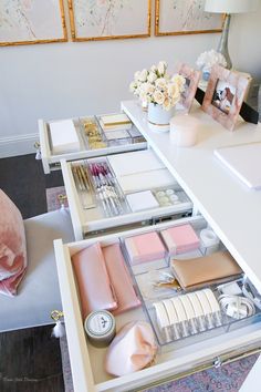 the drawers are organized and ready to be used as makeup storage for all types of items