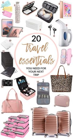 travel essentials you need for your next trip in pink and white with text overlay that reads 20 travel essentials you need for your next trip