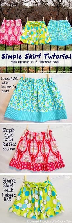 three skirts with different patterns on them and instructions to sew them in the same pattern