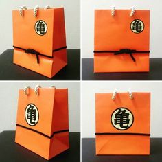 four different pictures of an orange bag with black ribbon and chinese characters on the front