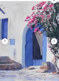 a painting of a blue door and pink flowers