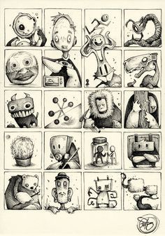 an old black and white drawing of cartoon characters