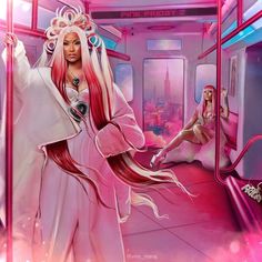 a painting of a woman with long pink hair in a train car, and another person sitting on the floor