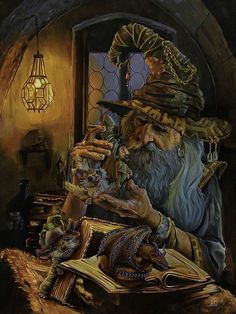 a painting of an old wizard reading a book and holding a cat in his hand