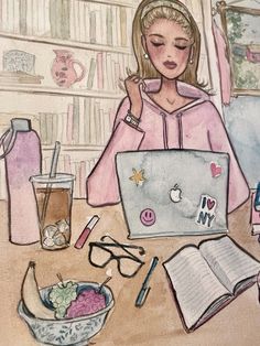 a drawing of a woman sitting at a table with a laptop and other items on it