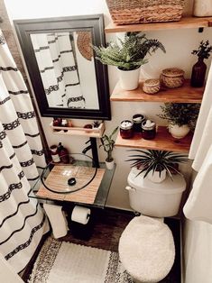 a small bathroom with shelves and plants in the corner