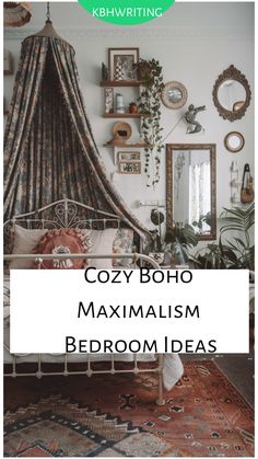 Cozy boho bedroom with vintage decor, patterned canopy, and lush plants.