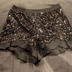 Black Sequin Shorts. Size Xs High Waist Sequin Shorts For Night Out, Fitted Short Bottoms For Night Out, Fitted Shorts For Night Out, Black Stretch Glamorous Bottoms, Glamorous Stretch Black Bottoms, Glamorous Black Stretch Bottoms, Fitted Black Shorts For Party, Sequin Bottoms For Summer Date Night, Summer Sequin Bottoms For Date Night