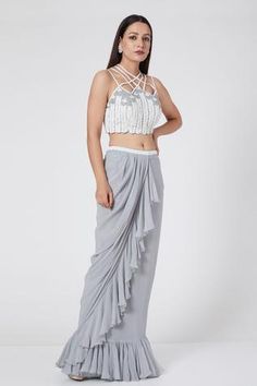 Shop for Jade By Ashima Grey Georgette Crop Top And Ruffle Skirt Set for Women Online at Aza Fashions Indo Western Lehenga, Girls Jeans Fashion, Dhoti Salwar, Georgette Skirt, Ruffle Maxi Skirt, Dhoti Pants, Embroidered Crop Tops, Embroidered Motifs, Flat Sketches