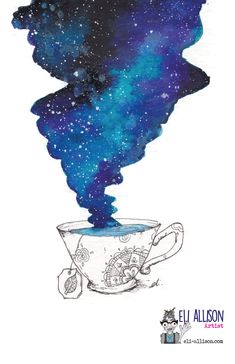 Cosmos Drawing, 365 Days Of Art, Watercolor Teacup, Galaxy Drawings, Inspiration Crafts, Cosmos Art, Space Drawings, Ink And Watercolour, Watercolor Galaxy