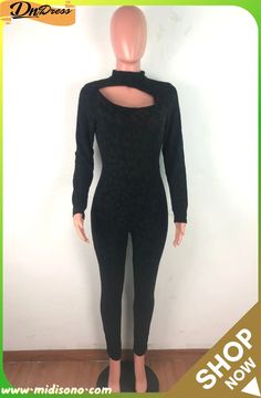 Spring Black Long Sleeve Cut Out Leopard Bodycon Sexy Jumpsuit Black Long Sleeve, Cut Out, Jumpsuit, Rompers, Long Sleeve, Black