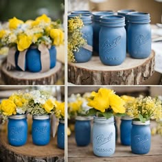 blue mason jars with yellow flowers in them