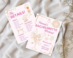 two pink and gold bachelor party cards on a white sheet