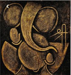 an abstract painting with gold and black colors on a brown background that has scissors in it