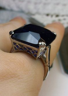 Sapphire Ring, Large square blue sapphire gem in crisscross basket-weave filigree, art deco styled ring, Art Deco Jewelry, Silver Embrace Jewelry Elegant Formal Sapphire Ring, Lab-created, Elegant Formal Sapphire Ring With Lab-created Sapphire, Elegant Octagon Sapphire Ring, Elegant Octagon Diamond-cut Sapphire Ring, Elegant Octagon Diamond Cut Sapphire Ring, Formal Lab-created Sapphire Ring With Polished Finish, Formal Sapphire Gemstone Ring, Formal Polished Lab-created Sapphire Ring, Vintage Sapphire Ring As A Gift