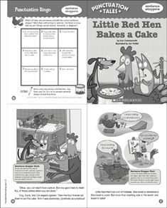 a page from the book, little red hen bakes a cake with pictures and instructions