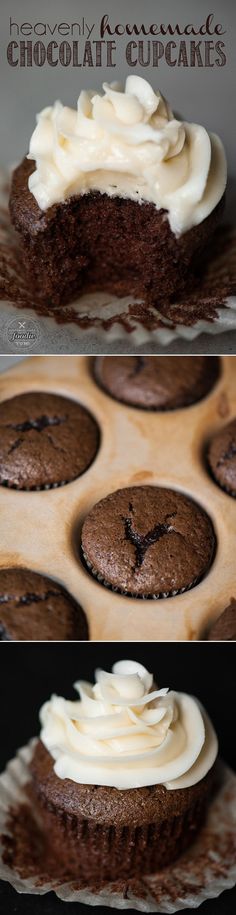 chocolate cupcakes with white frosting in a muffin pan