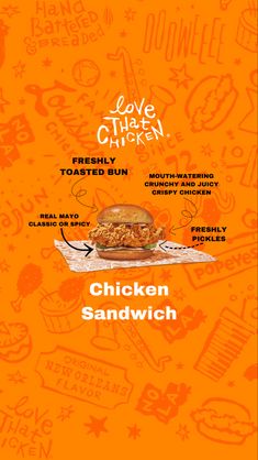 an orange menu for a chicken sandwich with the words love chicken written in black on it