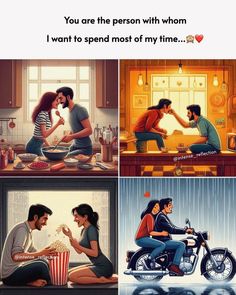 four different pictures with the same man and woman on them, one is eating popcorn while the other is watching tv