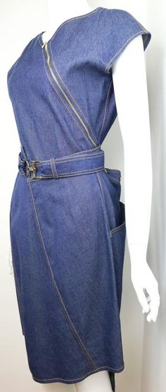 Christian Dior Denim Belted Asymmetrical Sleeveless Dress 4 Sleeveless Vintage Denim Dress With Pockets, Sleeveless Vintage Denim Dress In Dark Wash, Vintage Denim Button-up Dress, Vintage Button-up Denim Dress, Vintage Denim Dress With Button Closure, Denim Belt, Monochromatic Outfit, V Shape, Christian Dior