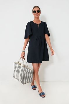 Deep Navy Finley Flutter Sleeve Dress Navy Luxury Summer Dress, Luxury Navy Summer Dress, Tuckernuck Summer, Tuckernuck Fall, Brunch Outfit Casual, Raffia Mules, Summer Brunch Outfit, Luxury Luggage, Working Overtime