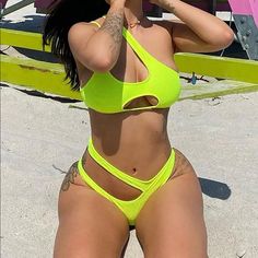 Neon Yellow. Size Small. Brand New! Easy Doodle, Triangle Swimsuit, Swimsuits Outfits, White Bikinis, White Swimsuit, Shoulder Cut, Fashion Nova Jeans, Yellow Fashion, Womens Loungewear