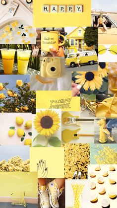 a collage of yellow and white pictures with words written on them that say happy