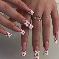 Red Acrylic Nails Heart, Red Nails Design Heart, Red French Tip Nails With Heart Design, Red Hearts Acrylic Nails, Red White French Tip Nails, Red Nails With Heart Rhinestones, Extravagant Nails, Pink And Red Nails