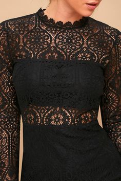 Sexy Black Dress - Black Lace Dress - Long Sleeve Lace Dress - Lulus Black Lace Long Sleeve Dress, Lace Long Sleeve Dress, Knit Lace Dress, Bodycon Mini Skirt, Trendy Blouse, Trendy Blouses, Trendy Blouse Designs, Cup Sizes, Lace Long Sleeve