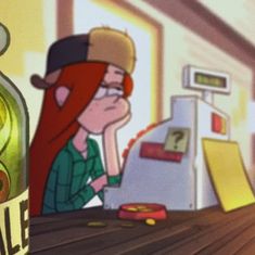 a woman sitting at a table next to a bottle of booze and a gas pump