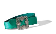 Manolo Blahnik - Hangisis Belt, green satin crystal buckle belt  ($ 765) Luxury Embroidered Belt, Elegant Formal Rectangular Belt Buckle, Designer Belt Buckles For Party, Elegant Belt With Removable Rectangular Buckle, Elegant Belt Buckles With Removable Rectangular Buckle, Elegant Formal Belt With Rectangular Buckle, Luxury Belt Buckles With Removable Belt For Evening, Chic Silver Belts For Formal Occasions, Elegant Antique Buckle Belt For Formal Occasions