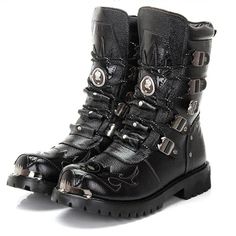 Gothic Punk Platform Boots, High Chunky Platform Boots, Riding Boots, Long Boots, Zipper Boots. PU Leather Boots. Combat Boots, Biker Boots, Punk Boots, Gothic Boots. Black Men's Boots. Make a statement and step out in style with our super cool buckle strap and zip up mid-calf boots. These punk, biker style inspired boots are the perfect way to showcase your flare and individuality. Made from high quality Genuine Leather with round toe, buckle strap front closure, side zip closure, heel tabs, low square heel, chunky cleated anti slip rubber sole, and seam detailing, these combat style boots provide both comfort and support for you during your busy day. Strong, sturdy leather provides flexibility ensuring a secure but comfortable fit. These durable and versatile handmade boots can easily ta Steampunk Projects, Style Combat Boots, Steampunk Boots, Converse Outfits, Mens Motorcycle Boots, Top Shoes For Men, Combat Boots Men, Leather Motorcycle Boots, Goth Boots