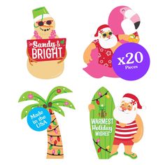 four christmas stickers with santa claus, snowman and palm trees