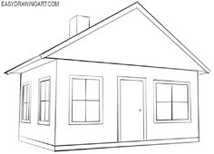 a drawing of a small house with windows on the front and side, in black and white