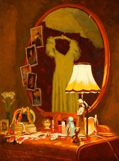 a painting of a woman's reflection in a mirror next to a table with a lamp on it