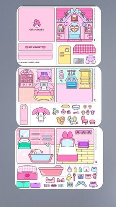 two stickers with different types of furniture and decor on them, one is pink