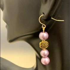 Gold Fish Hook Earrings With Pearl Beads Pearl Beaded Round Earrings, Pink Pearl Beaded Earrings, Elegant Pink Beaded Earrings For Gift, Pink Beaded Dangle Pearl Earrings, Elegant Flower Earrings With Dangling Beads For Gift, Pink Pearl Jewelry With Ear Wire, Pink Adjustable Pearl Drop Earrings, Adjustable Pink Pearl Drop Earrings, Elegant Purple Earrings With Dangling Beads